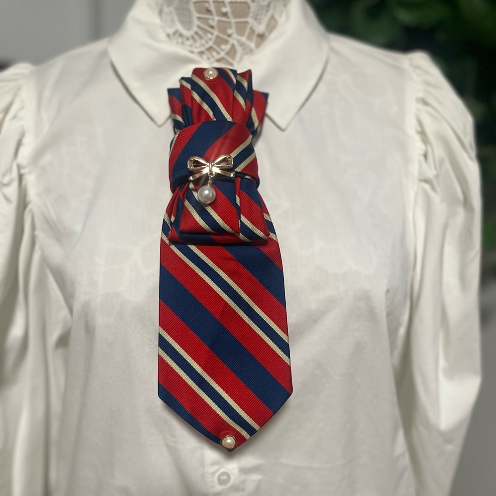 Red and Blue Striped Necktie / bow tie with brooches and pins